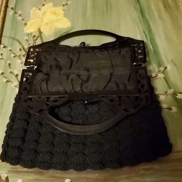 Black Crochet Popcorn Evening Bag Plastic Frame - Picture 4 of 5